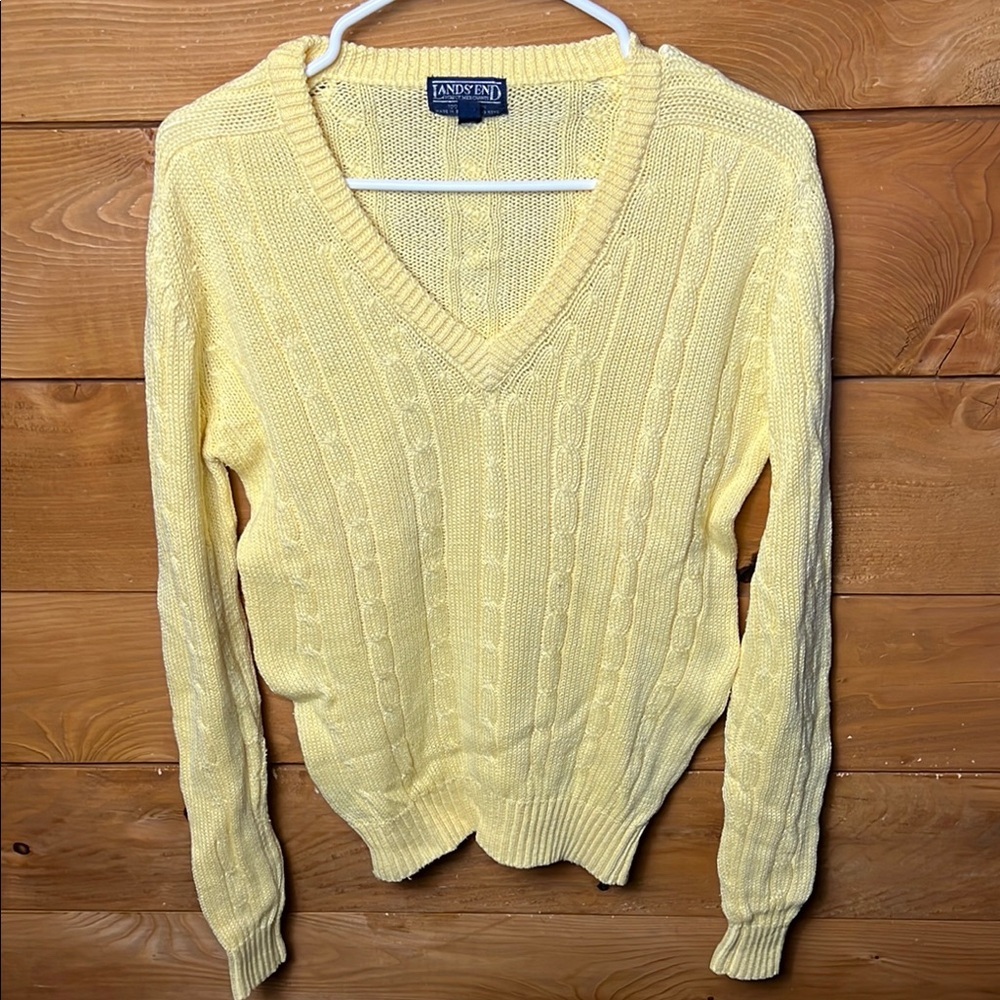Lands' End Women's Yellow‎ Sweater Vintage Lg Cable knit v-neck warm Casual Y2K